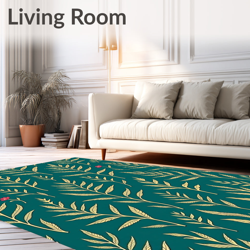 Teal Gold Fern Leaf With Flower Rug