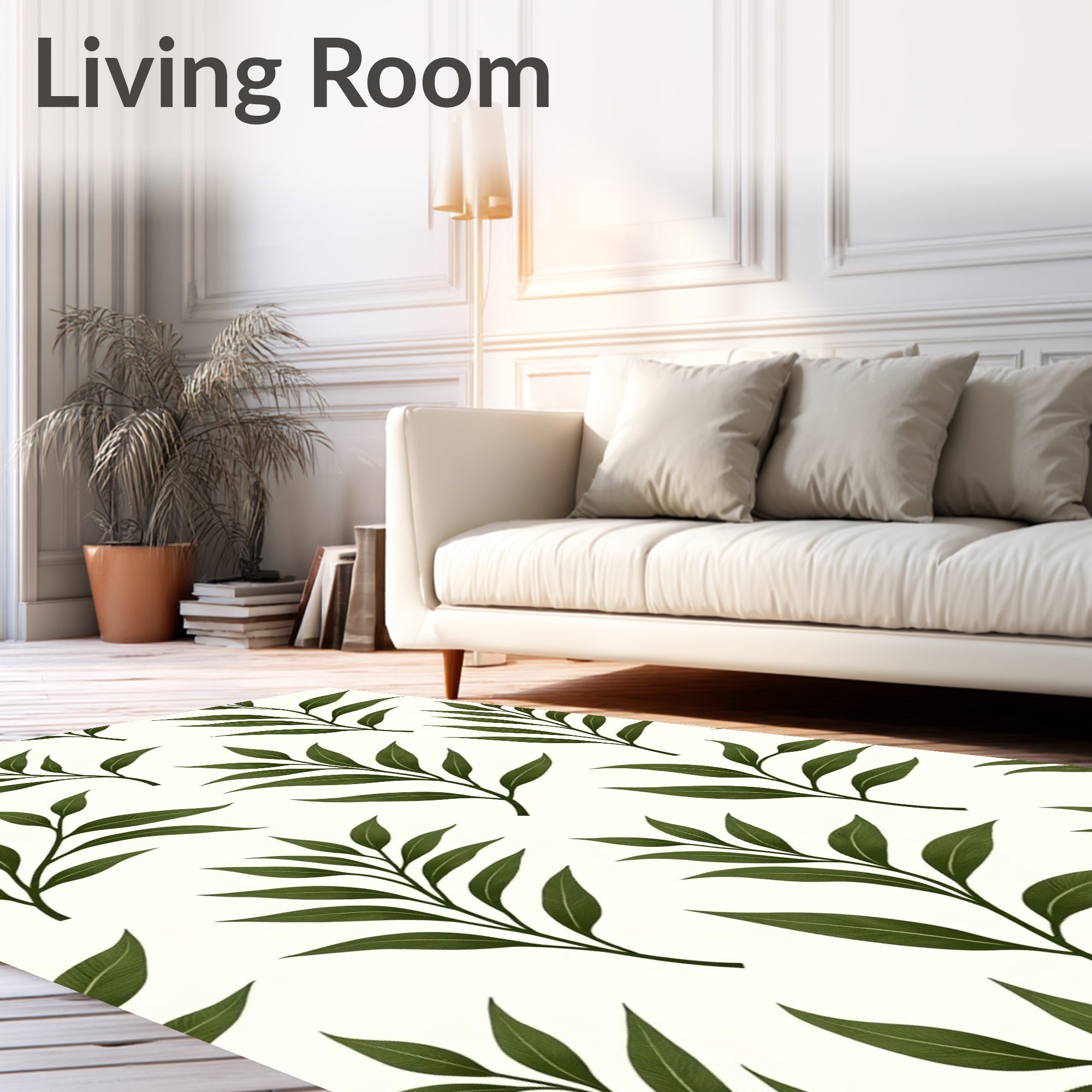 Dark Green Leaf Branches on Cream Rug