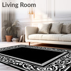 Elegant Black White Scrollwork Frame Rug