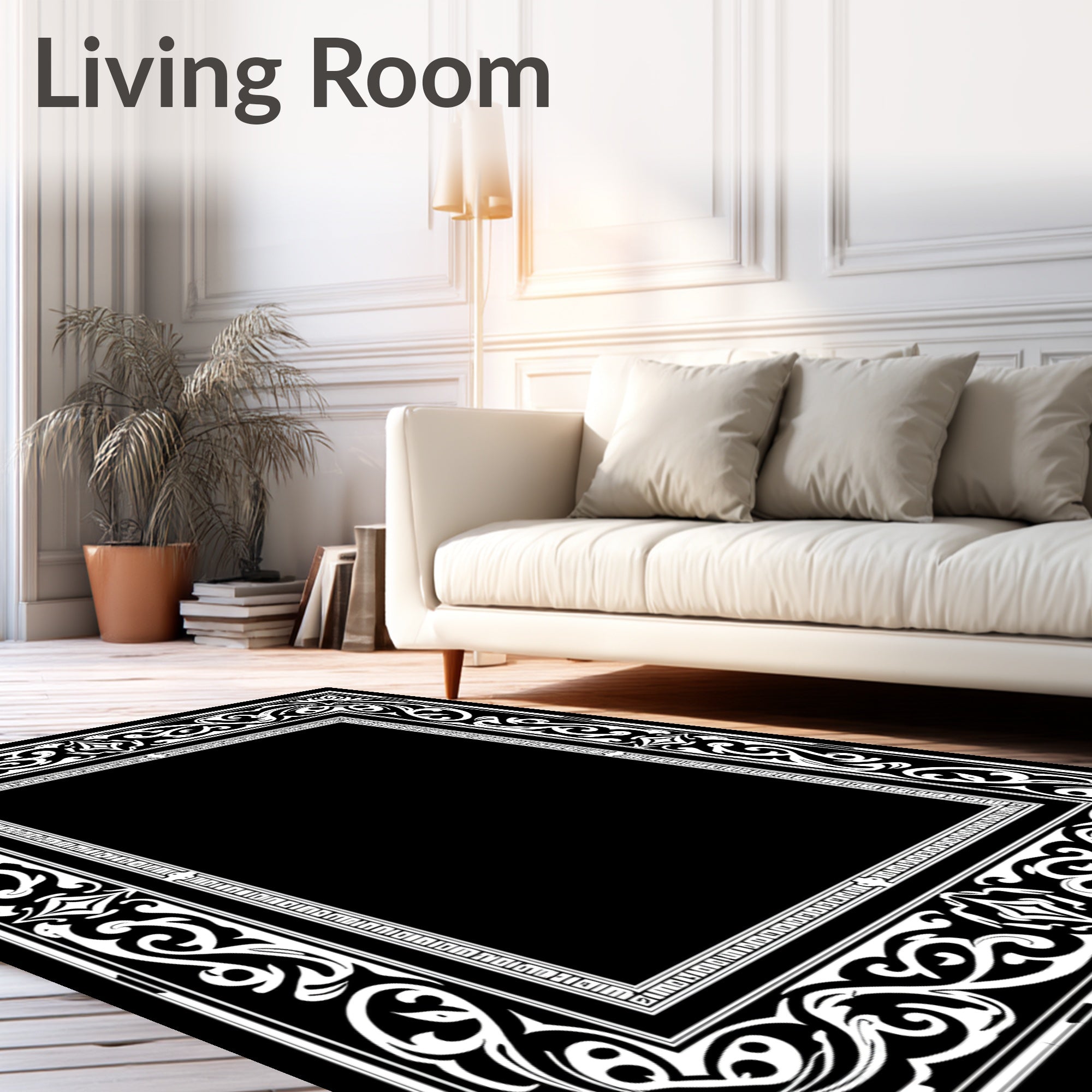 Elegant Black White Scrollwork Frame Rug