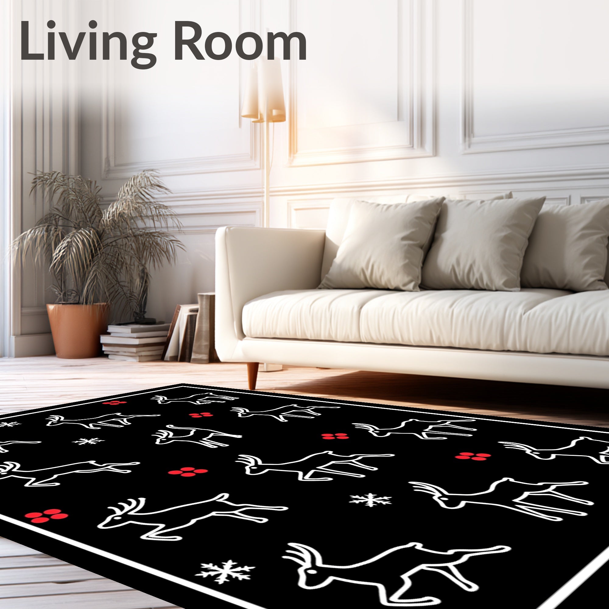 Classic White Reindeer Snowflakes Red Dots Rug