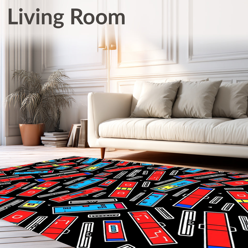 Red Blue Rectangles Scattered Black Rug