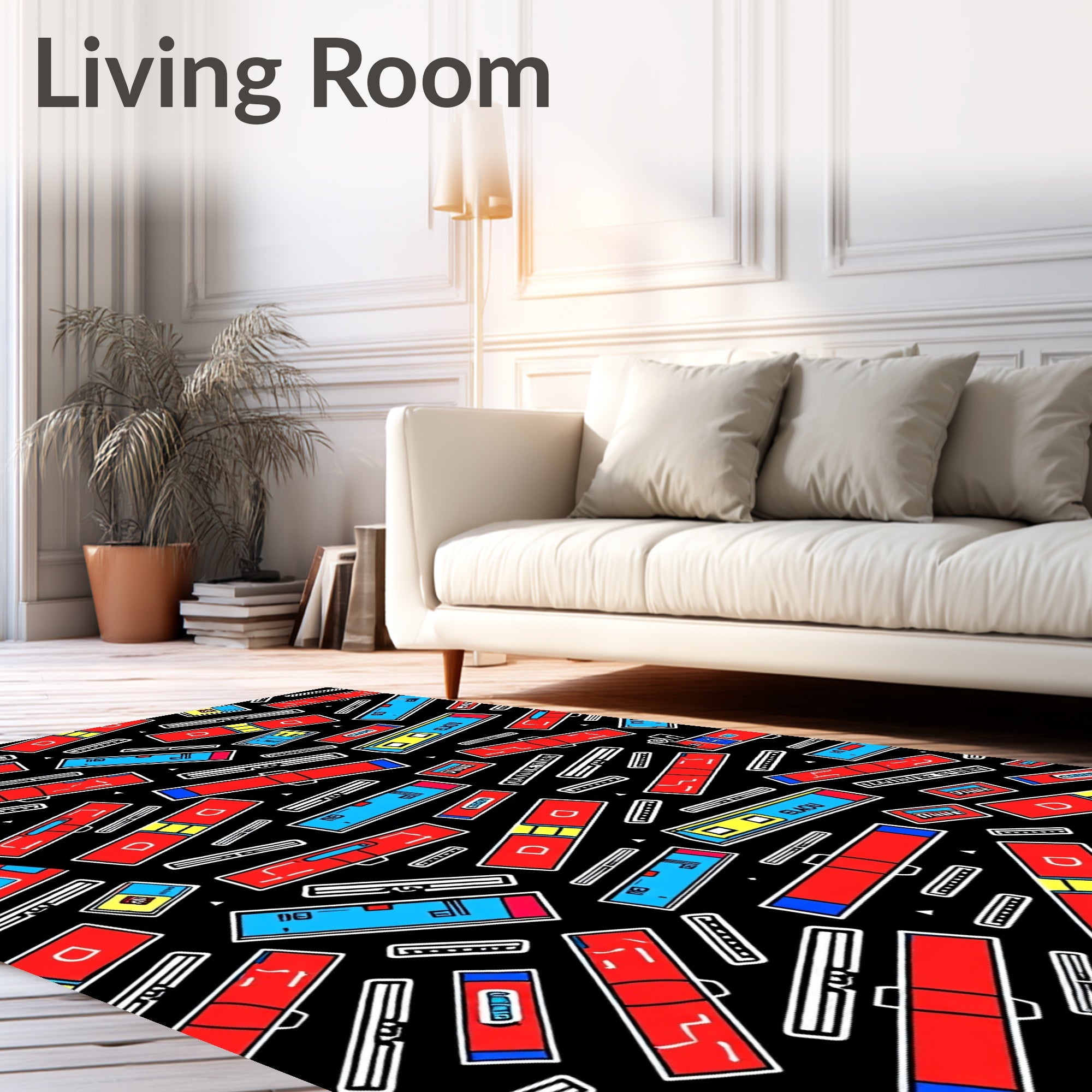 Red Blue Rectangles Scattered Black Rug
