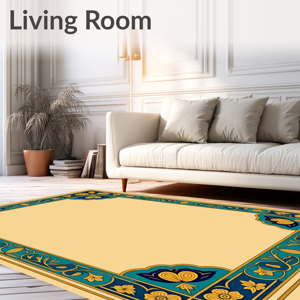 Vintage Yellow Blue Floral Border Rug