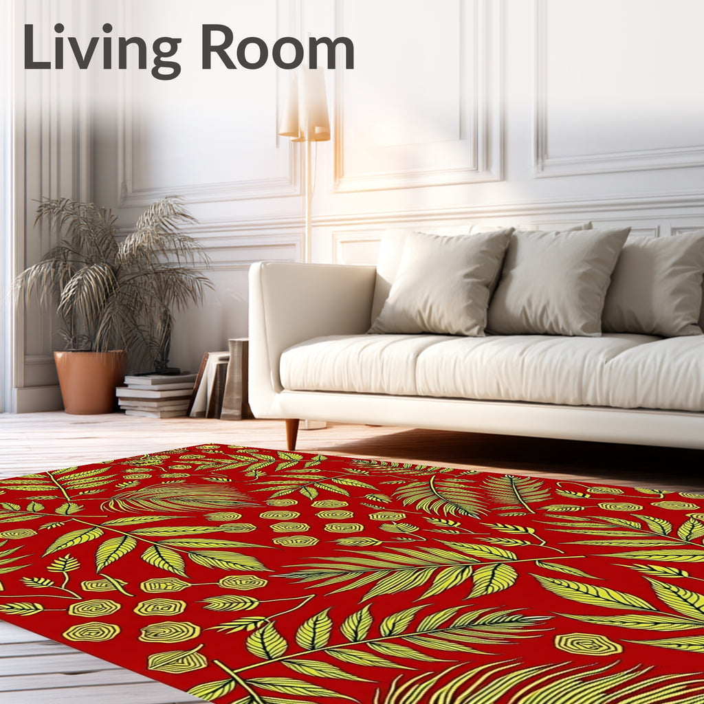 Vibrant Red Yellow Leafy Bloom Rug