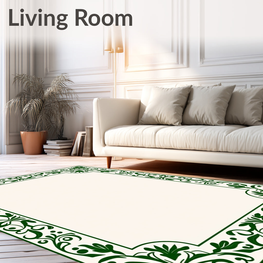 Green Floral Vine Scroll Border Rug