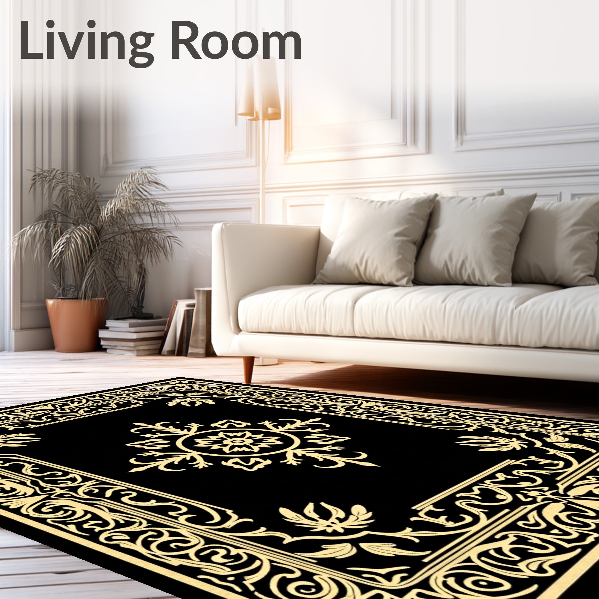 Ornate Yellow Floral Medallion Frame Rug