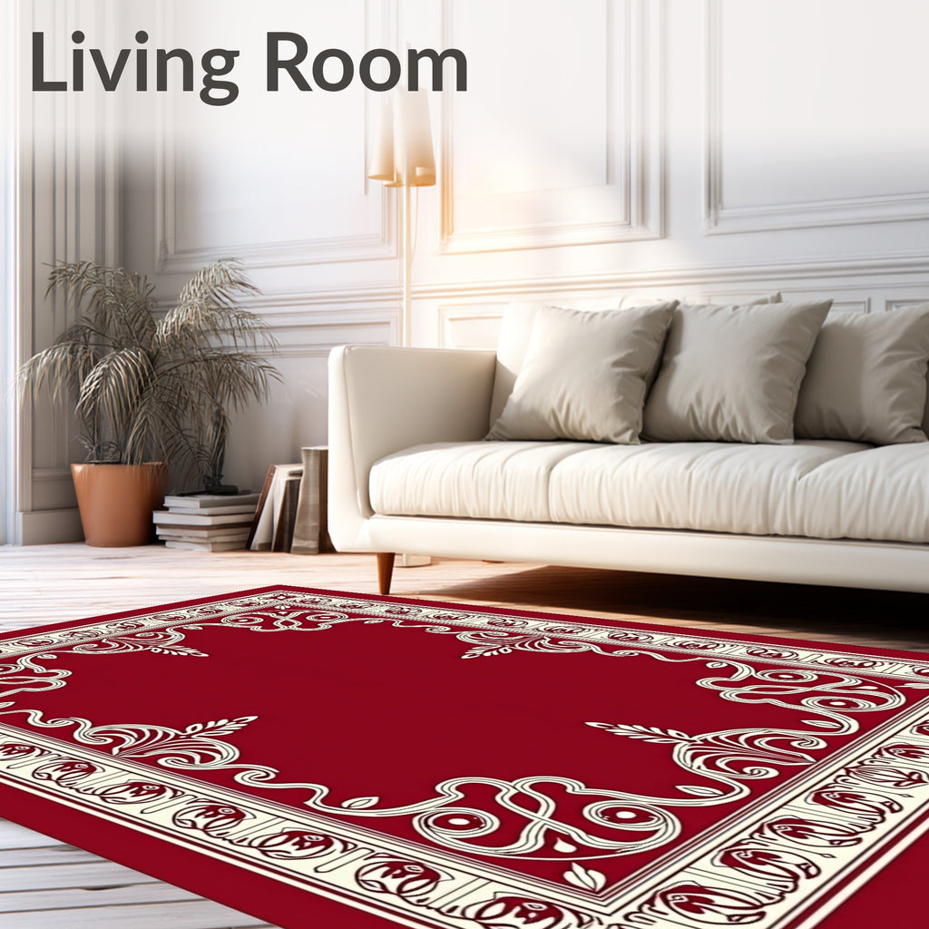 Crimson Ivory Elaborate Scroll Frame Rug