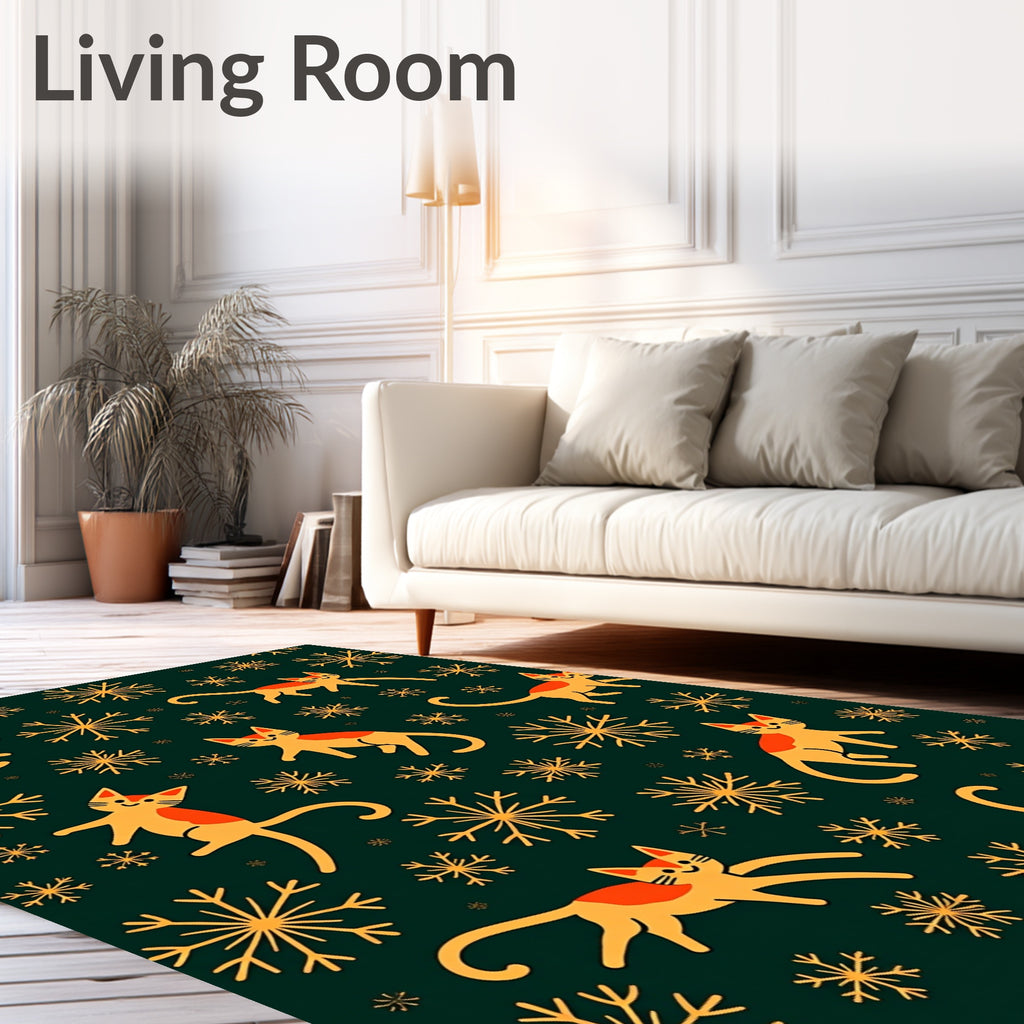Whimsical Orange Cats Snowflakes Emerald Rug