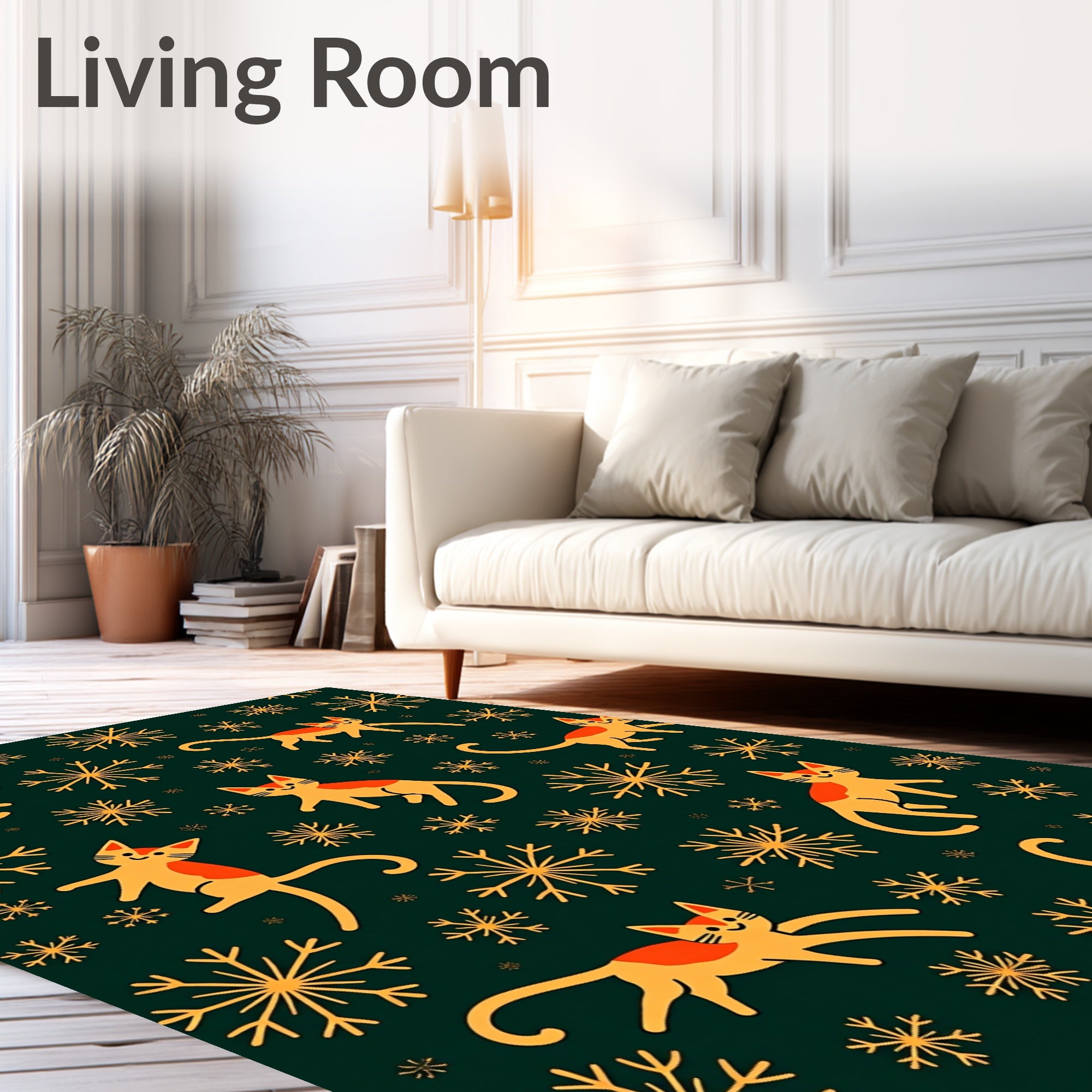 Whimsical Orange Cats Snowflakes Emerald Rug