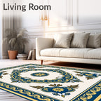 Ornate Blue Gold Floral Medallion Rug