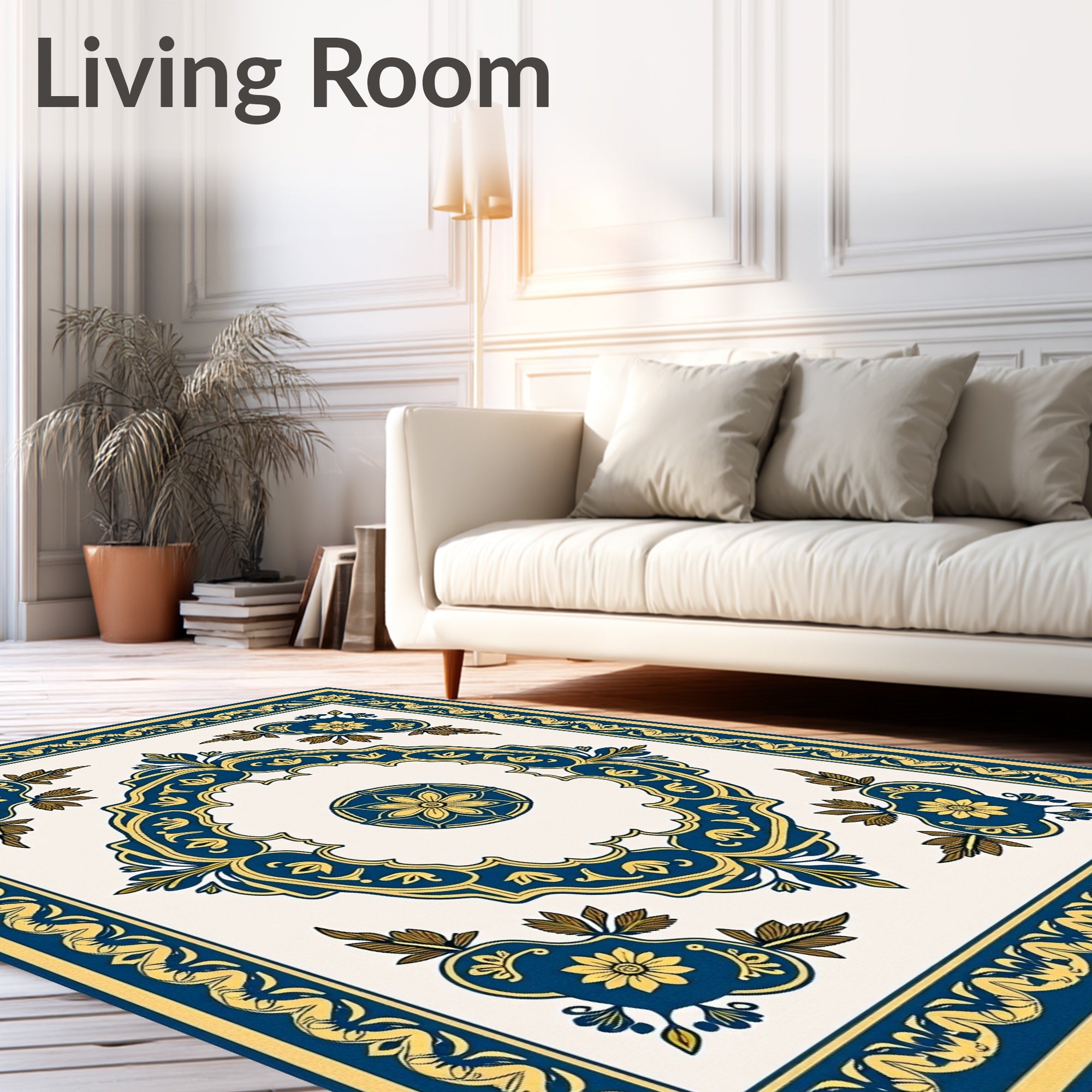 Ornate Blue Gold Floral Medallion Rug