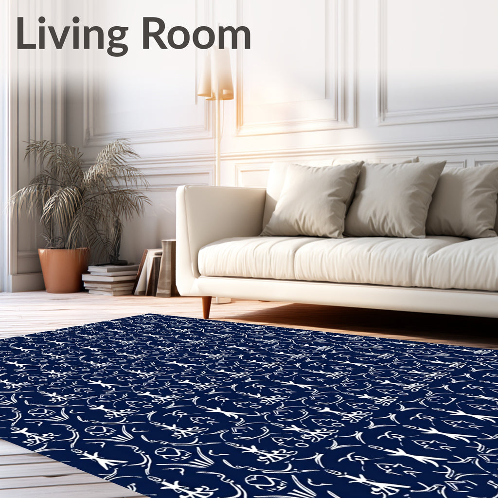 Deep Navy White Folkloric Figures Rug