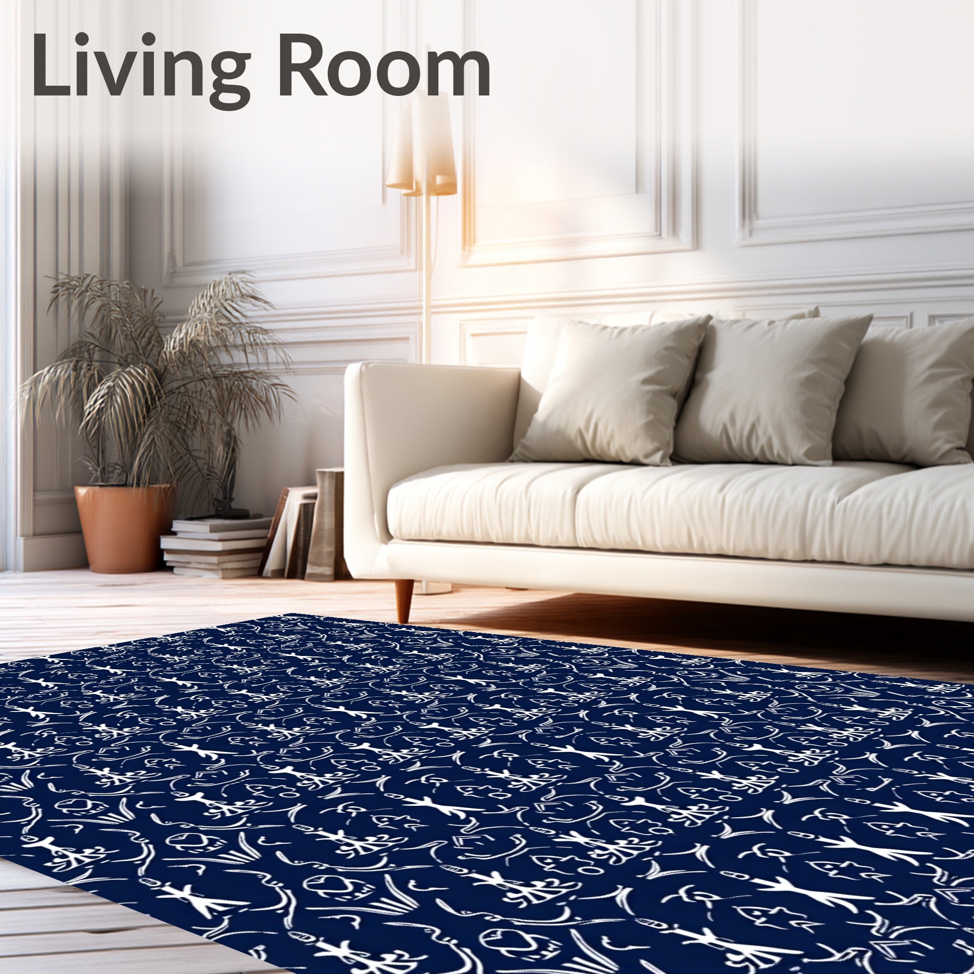 Deep Navy White Folkloric Figures Rug