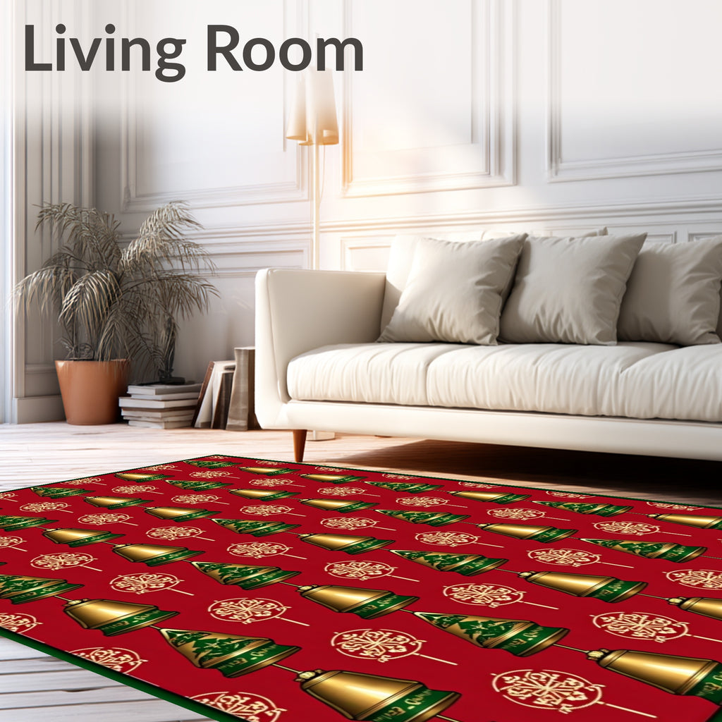 Golden Bells Red Christmas Textile Rug