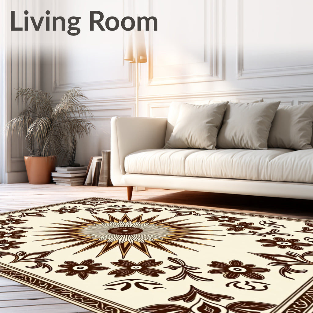 Cream and Brown Floral Sunburst Rug
