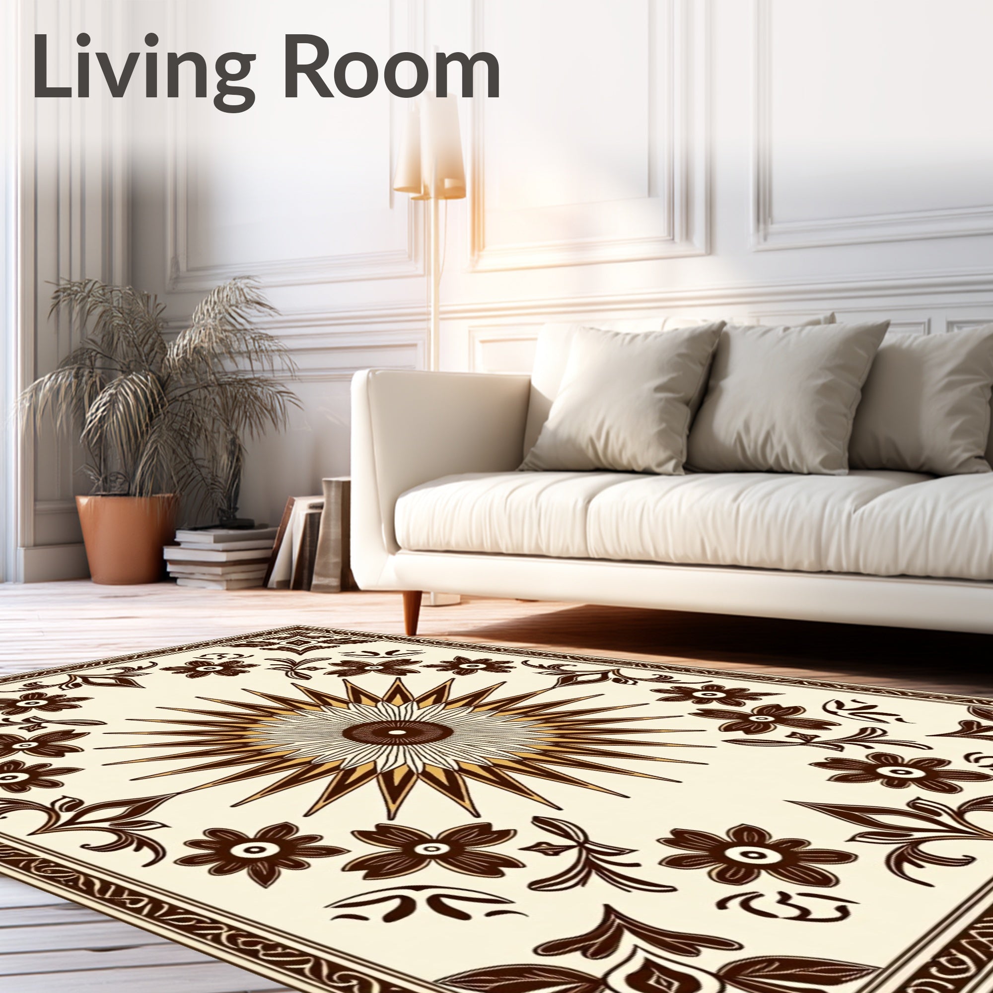 Cream and Brown Floral Sunburst Rug