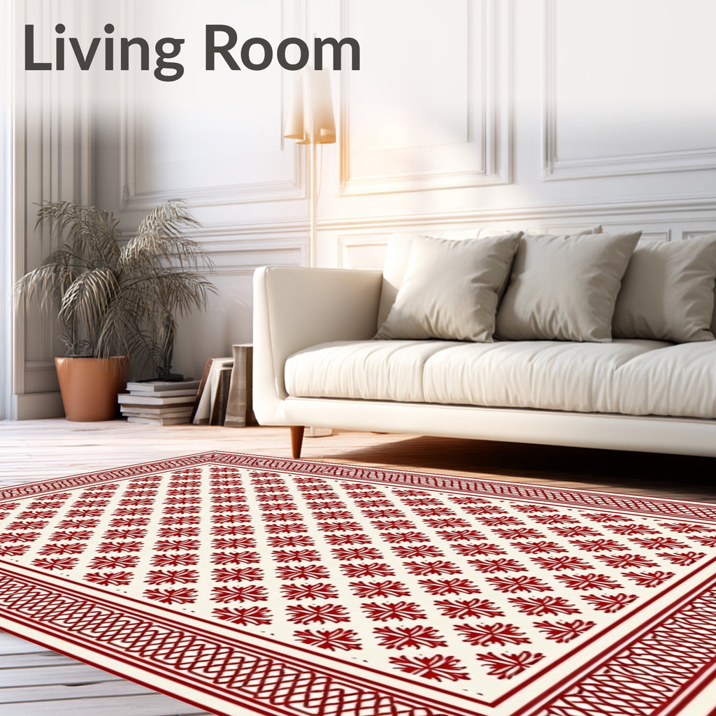Crimson Cream Floral Lattice Border Rug