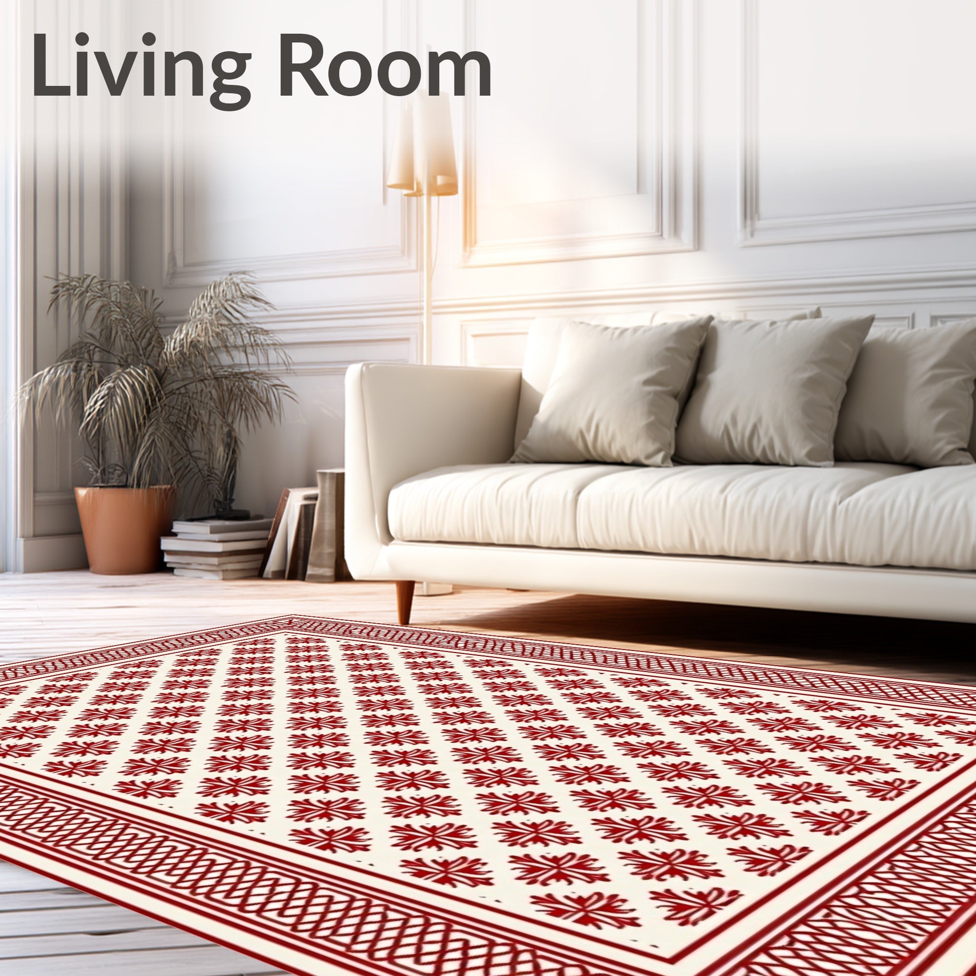 Crimson Cream Floral Lattice Border Rug