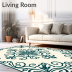 Teal Floral Scroll Medallion Cream Rug
