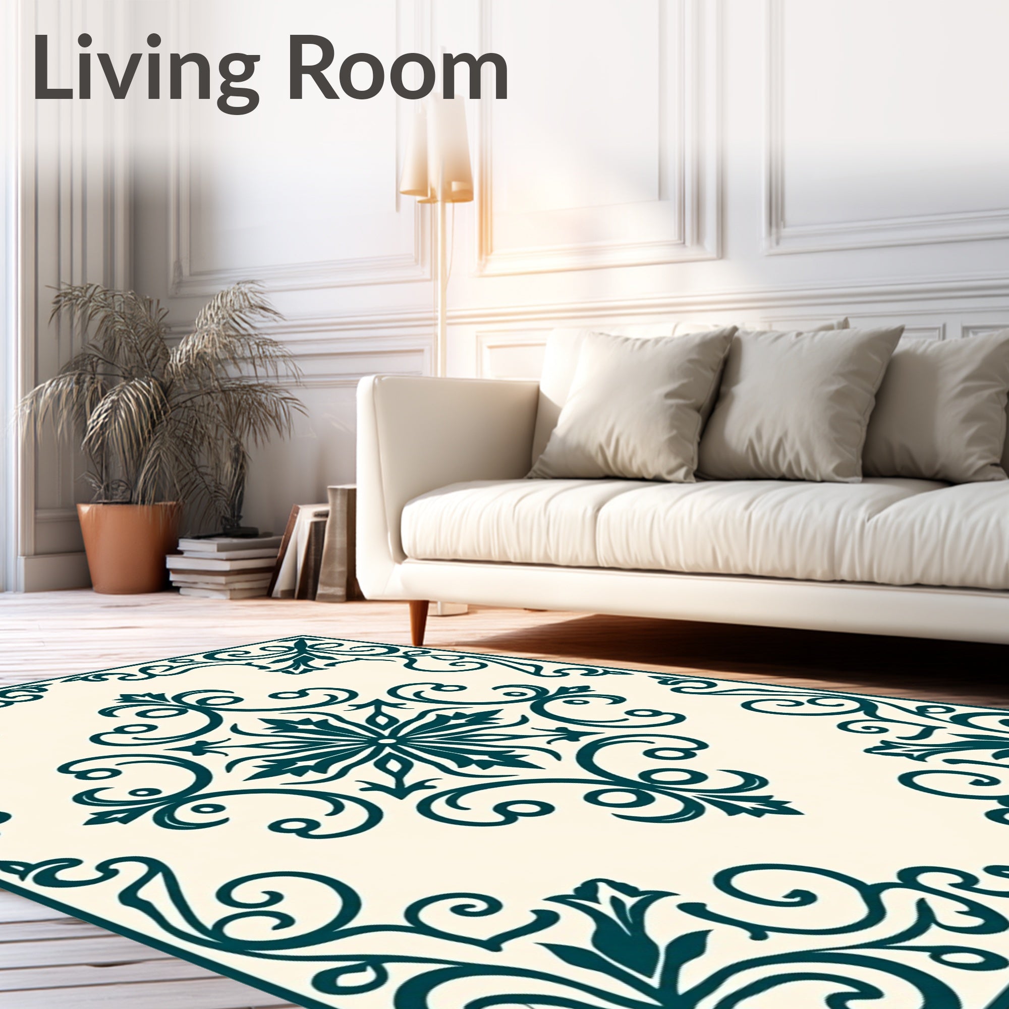 Teal Floral Scroll Medallion Cream Rug