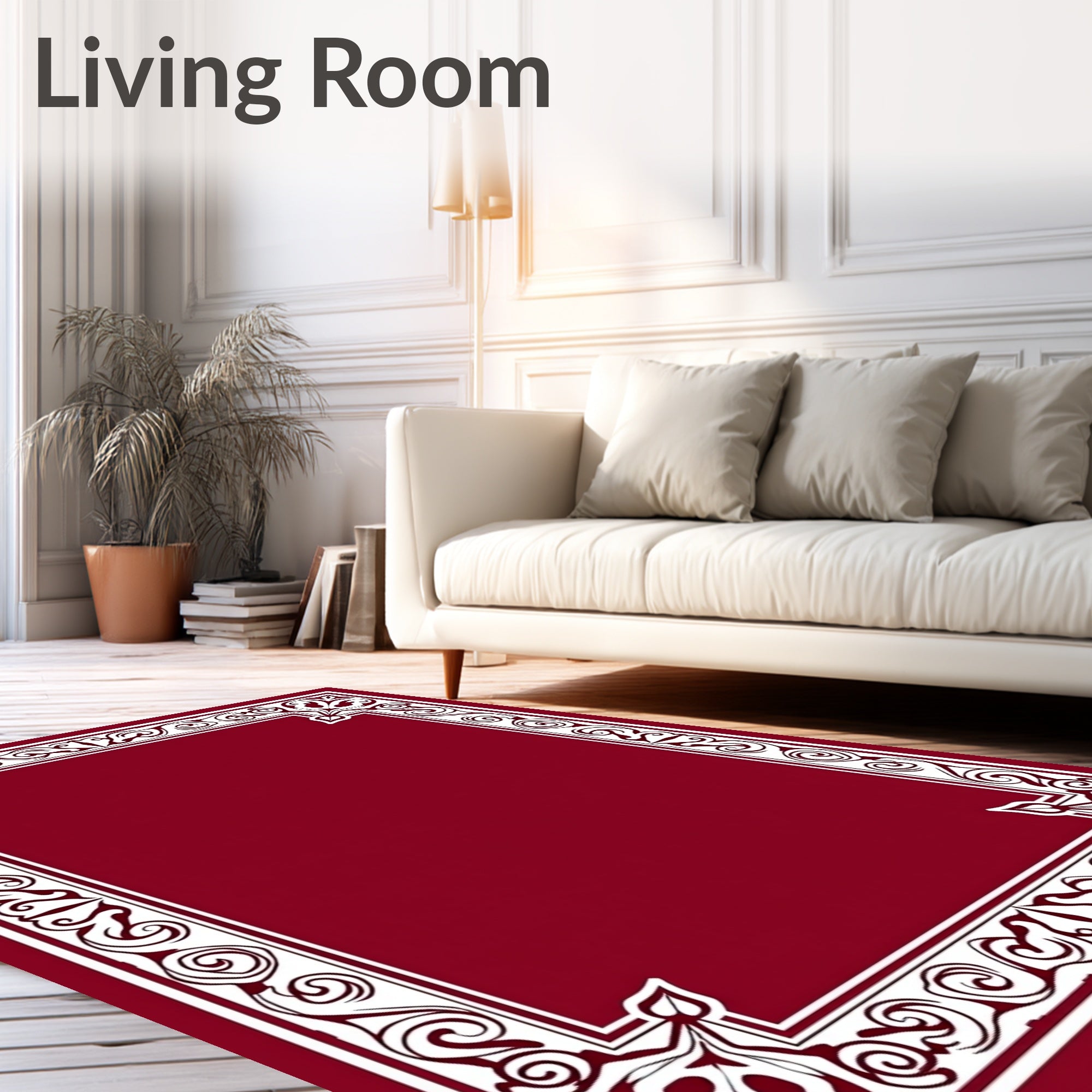 Crimson and White Classic Scroll Border Rug