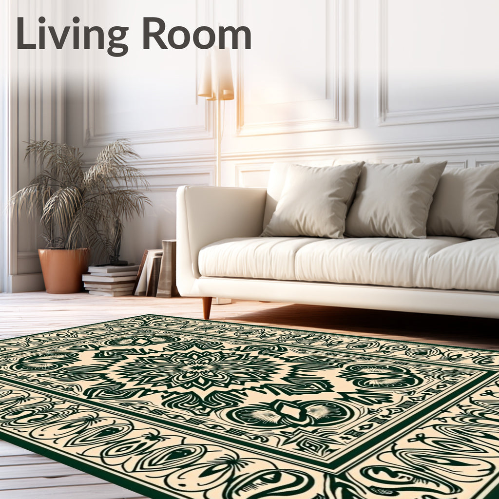 Dark Green Floral Medallion Border Rug
