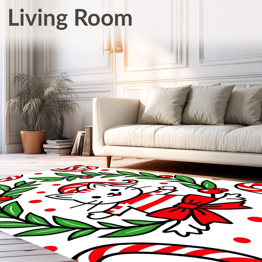 Whimsical Red White Striped Cat Wreath Rug