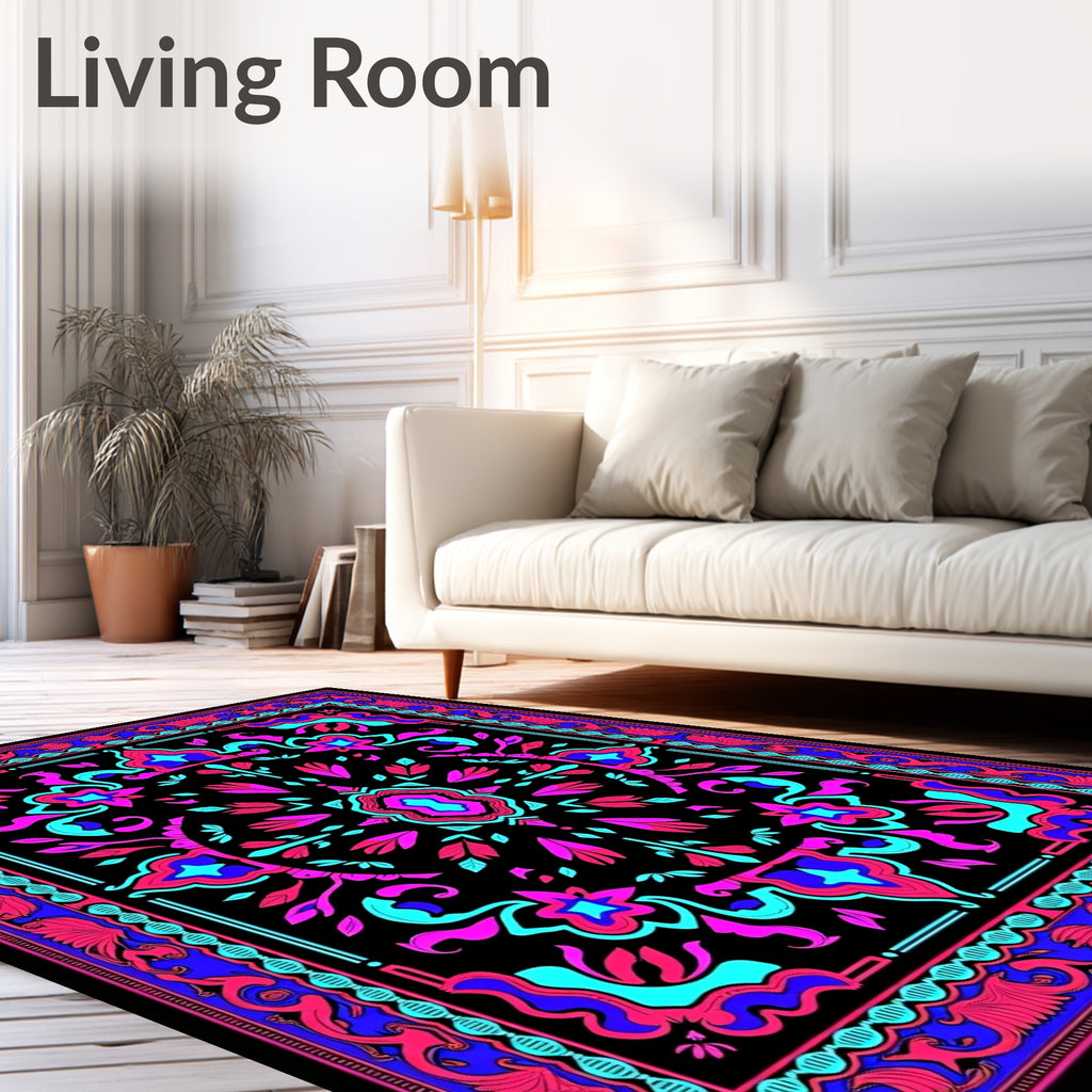 Vibrant Magenta Blue Floral Mandala Rug