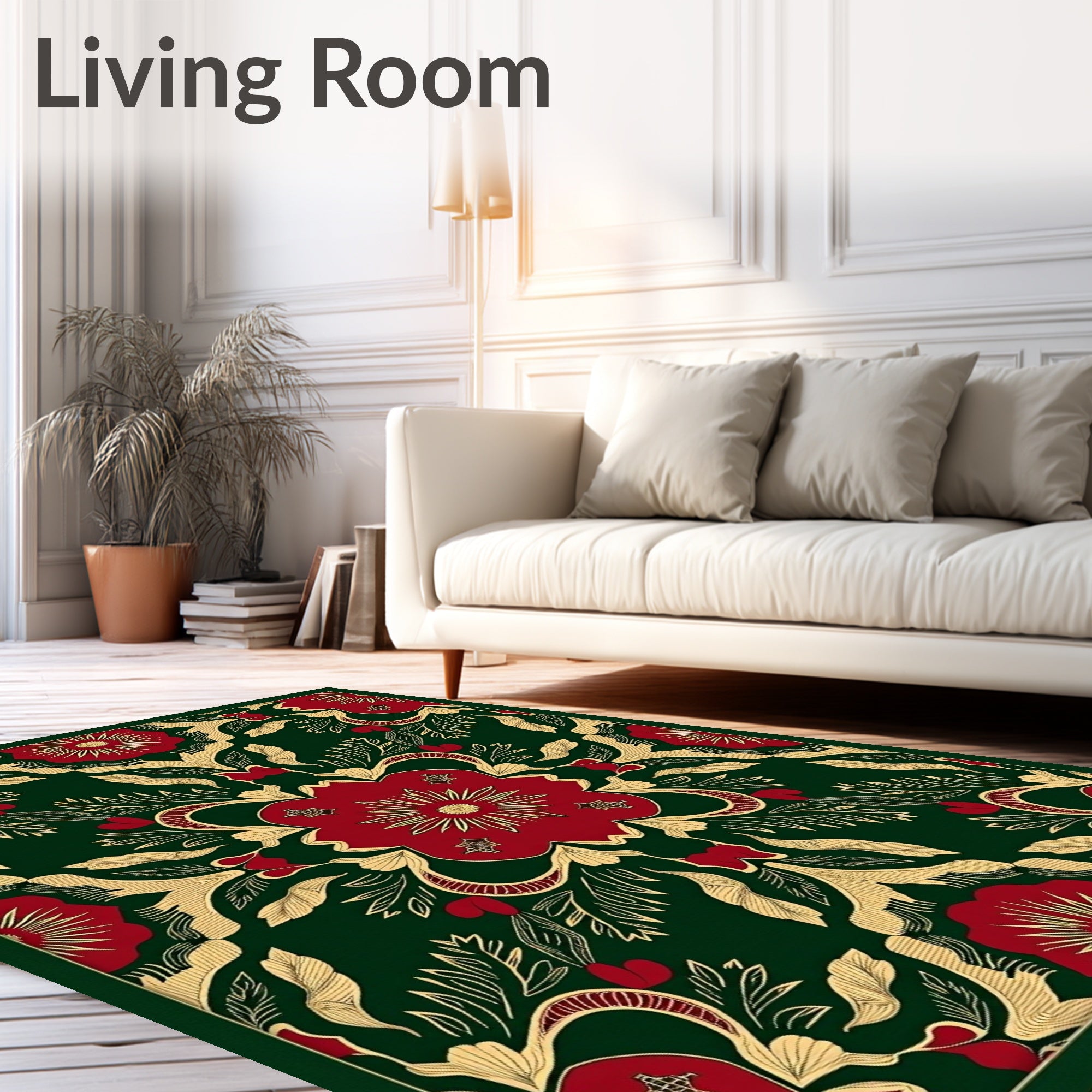 Victorian Red Floral On Forest Green Rug