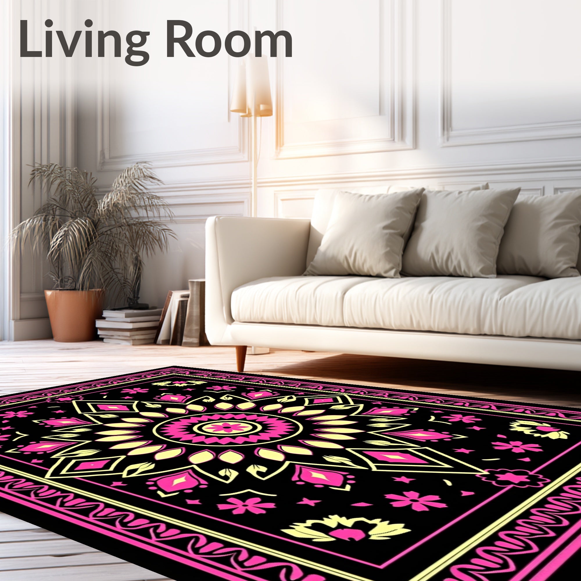 Vibrant Pink Yellow Mandala Flowers Rug