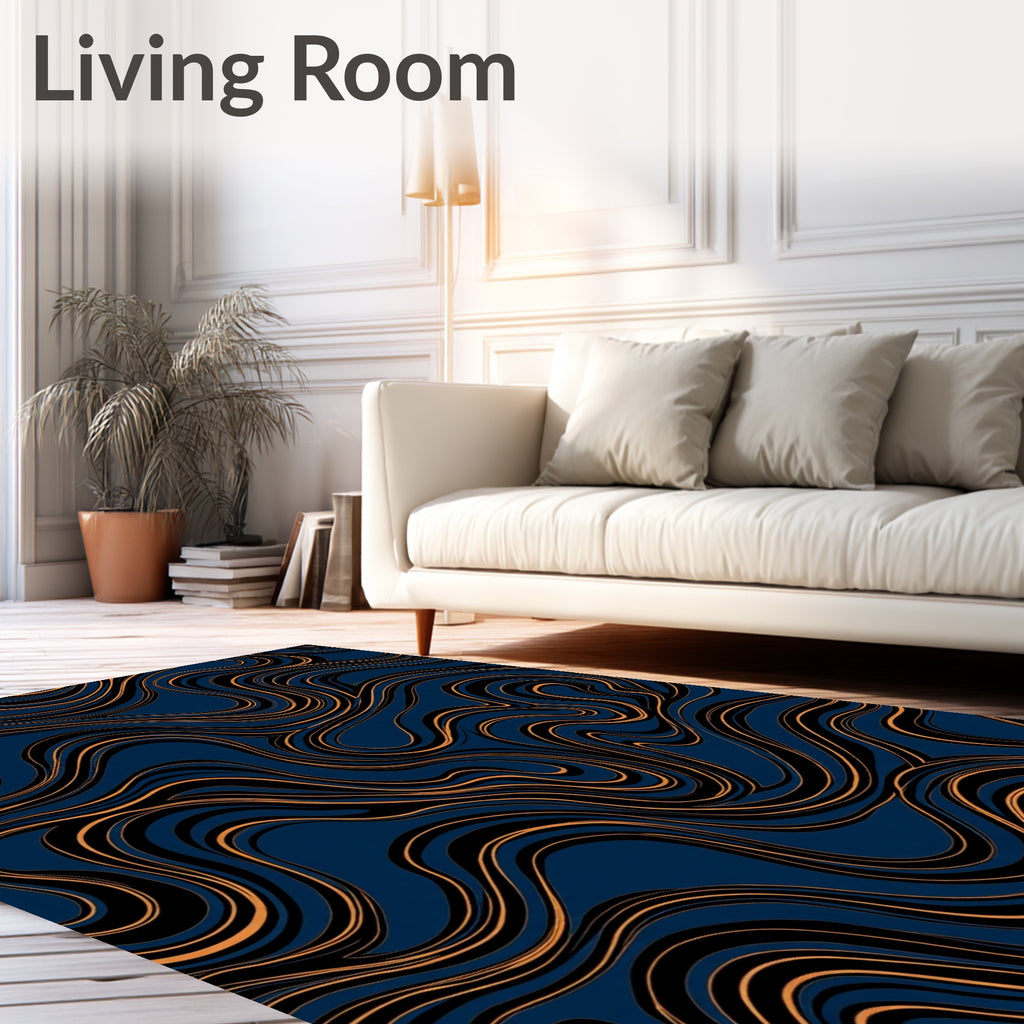 Deep Blue Orange Swirl Abstract Rug