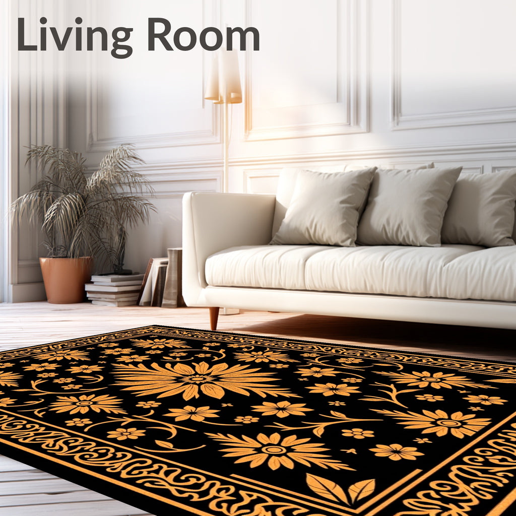 Golden Floral Medallion Black Graphic Rug