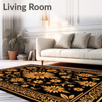 Golden Floral Medallion Black Graphic Rug