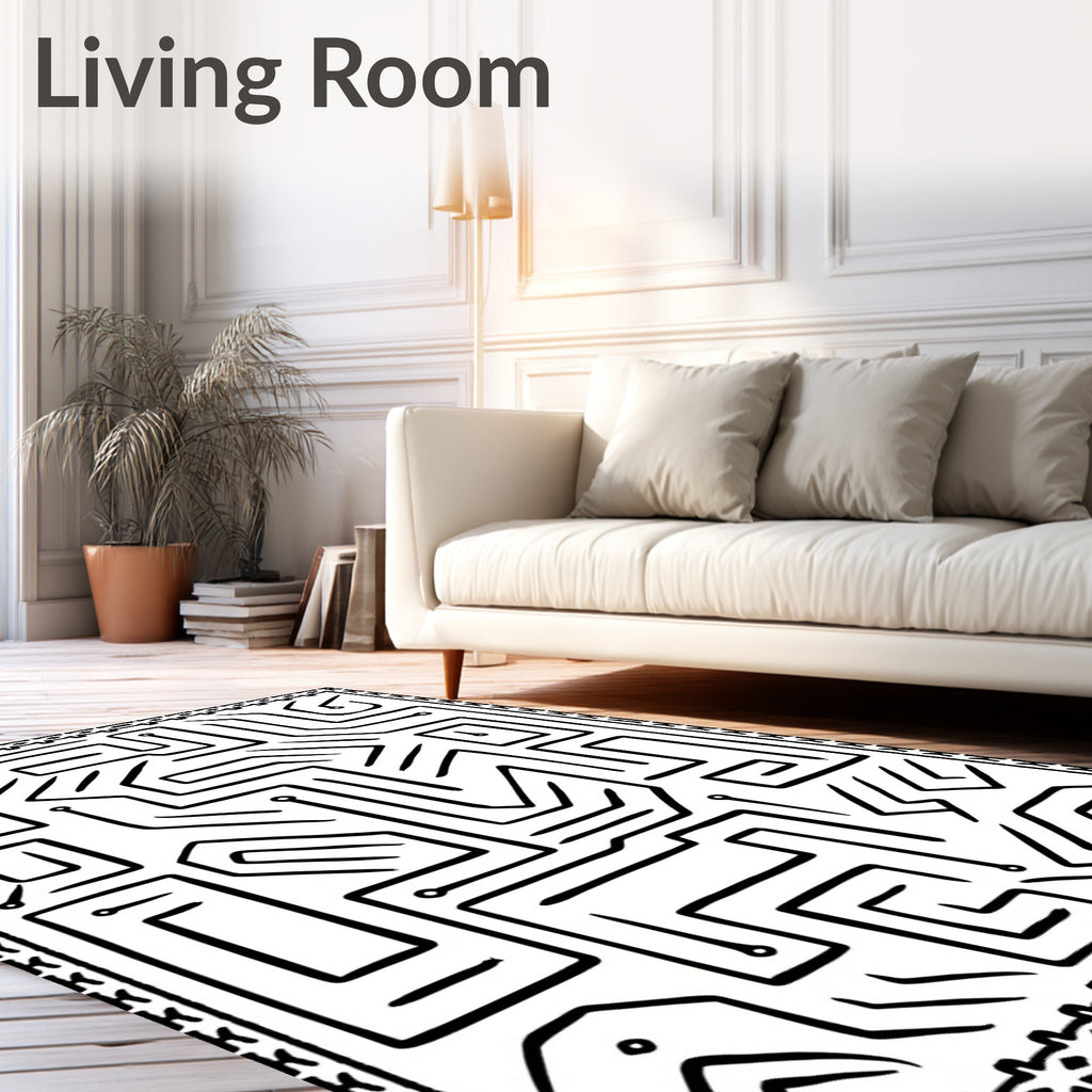 Black White Labyrinth Shapes Border Rug