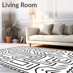 Black White Labyrinth Shapes Border Rug