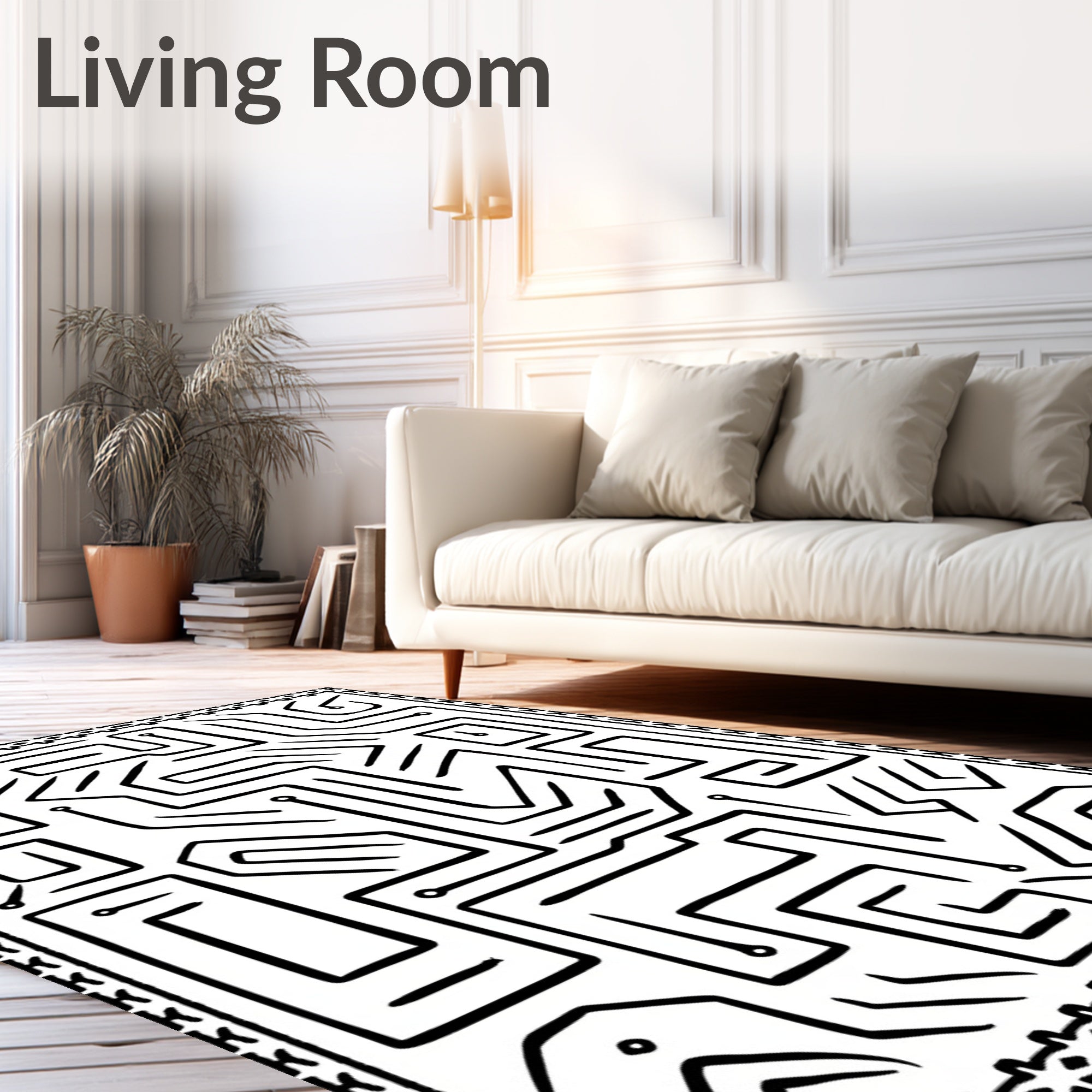 Black White Labyrinth Shapes Border Rug