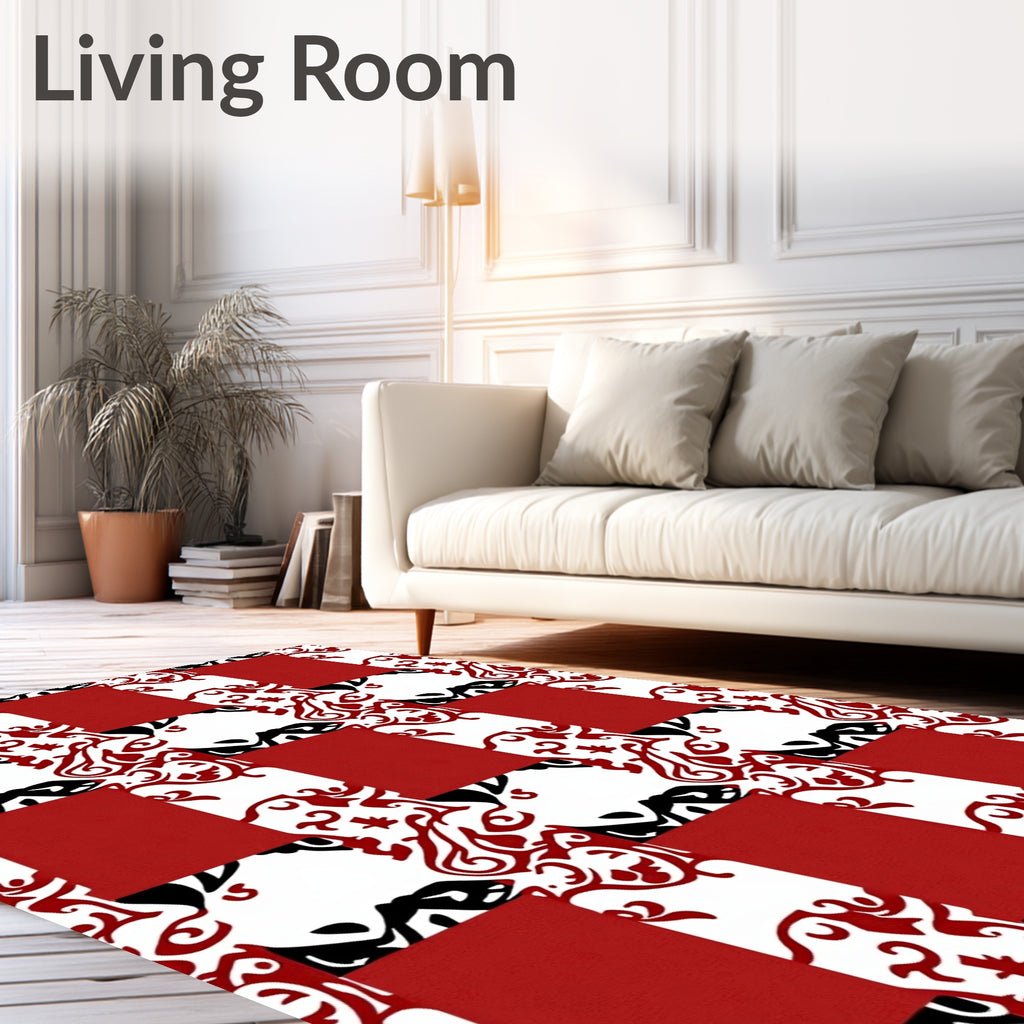 Red Black White Checkerboard Swirl Rug
