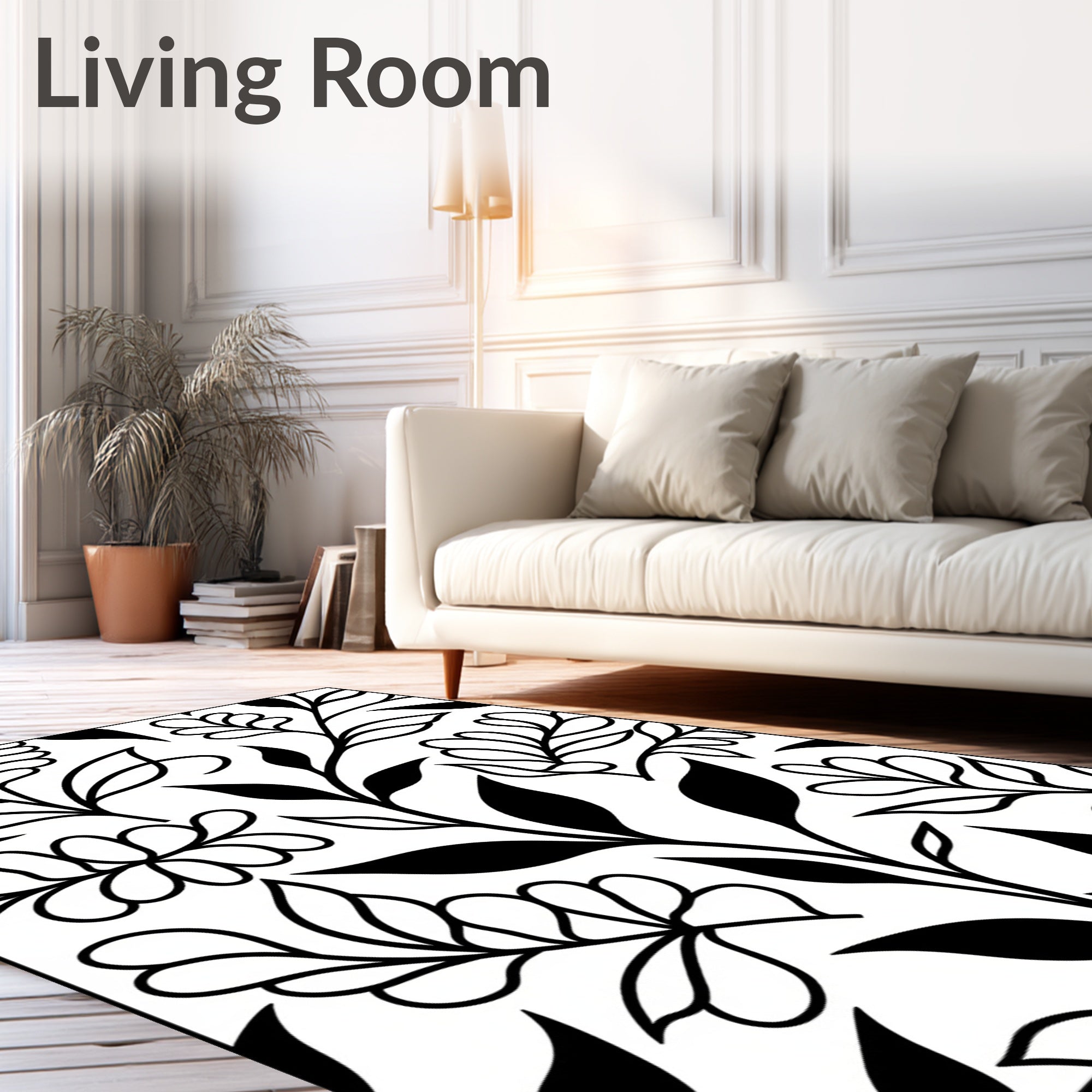 Black and White Leafy Vine Abstract Rug