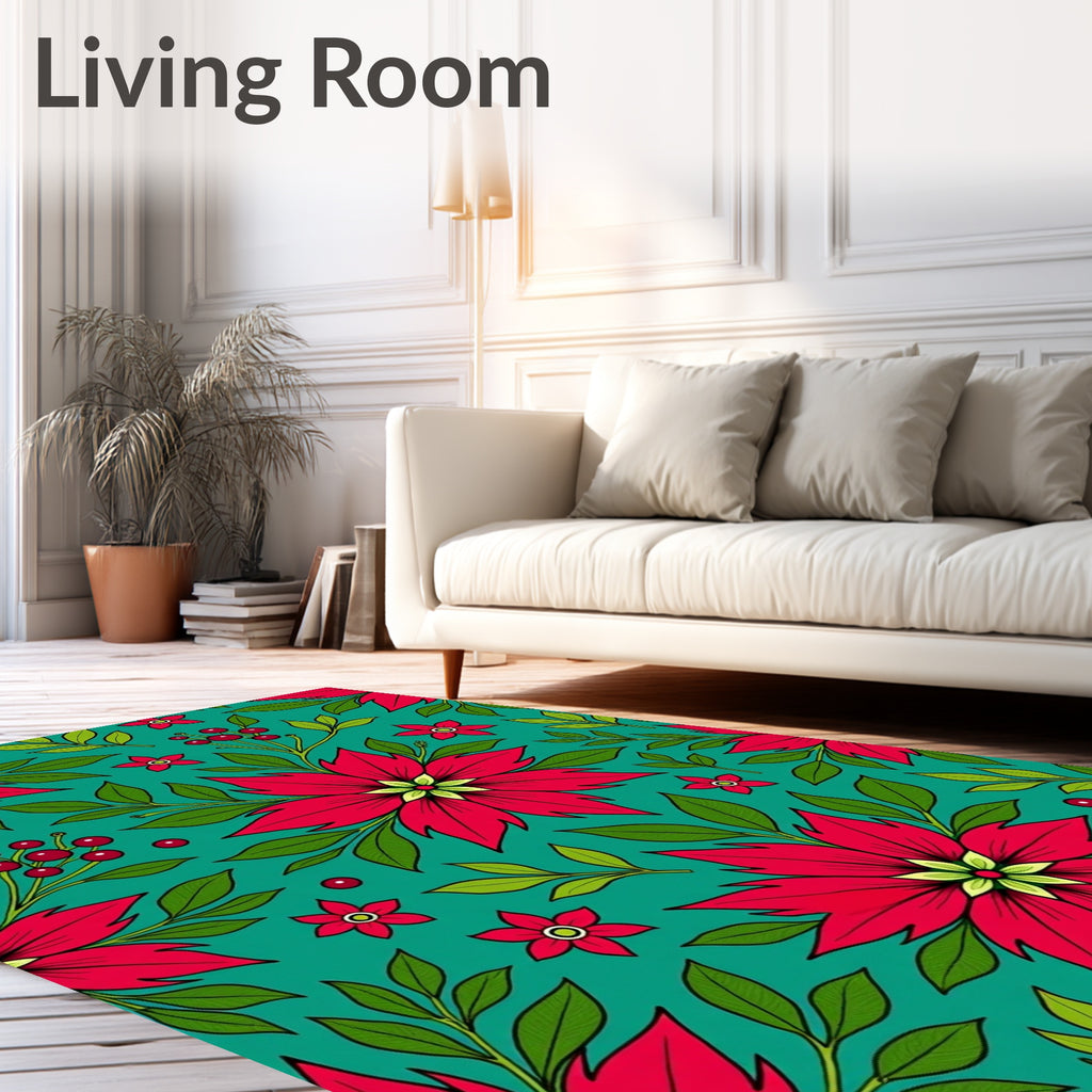 Vibrant Red Poinsettia Teal Floral Rug