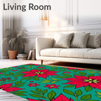 Vibrant Red Poinsettia Teal Floral Rug