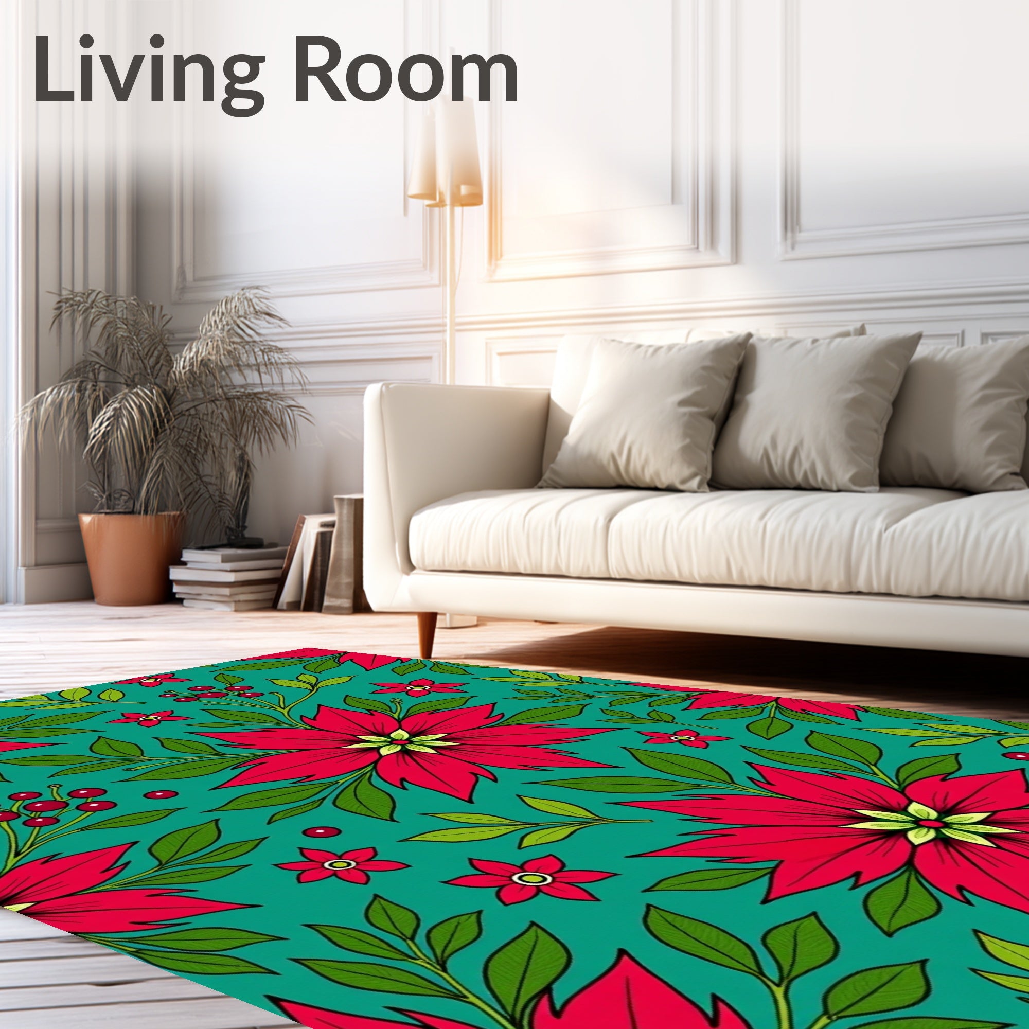 Vibrant Red Poinsettia Teal Floral Rug