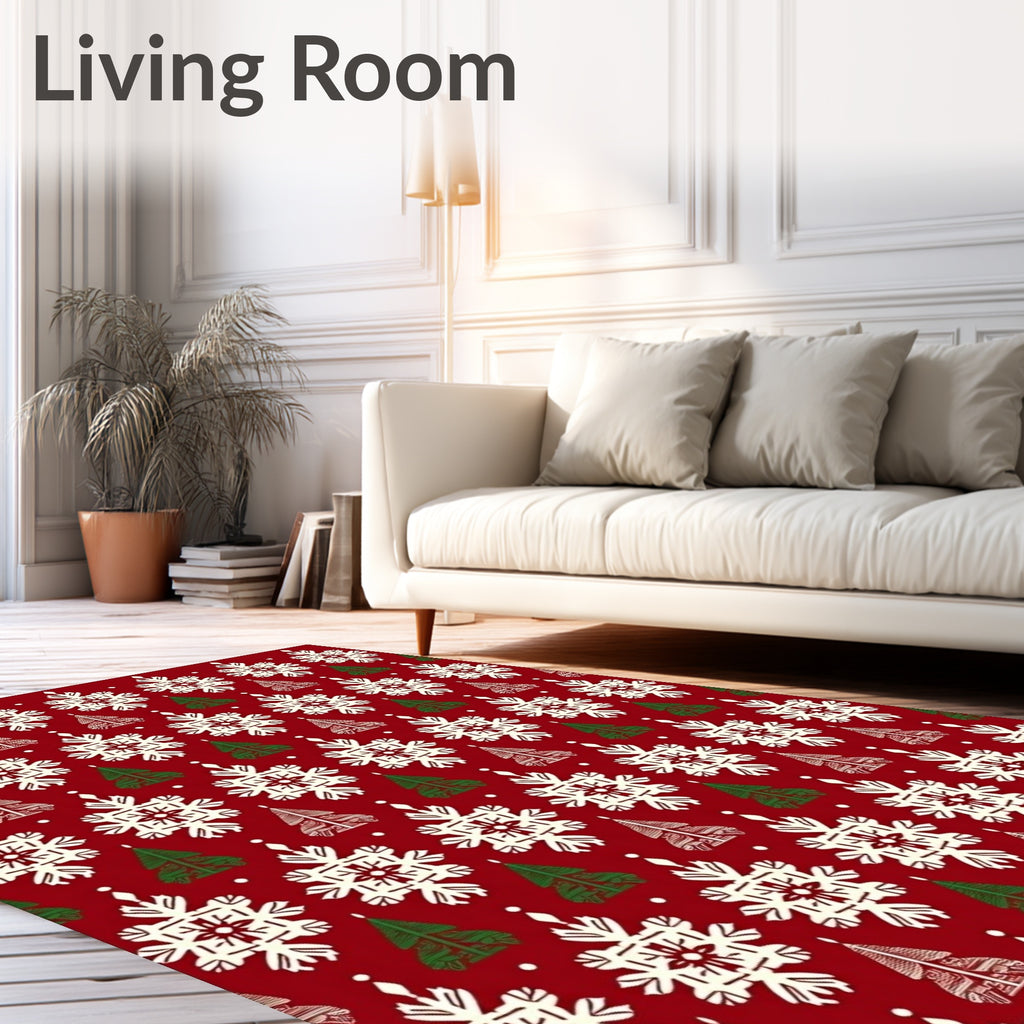 Red Evergreen Snowflake Repeating Pattern Rug