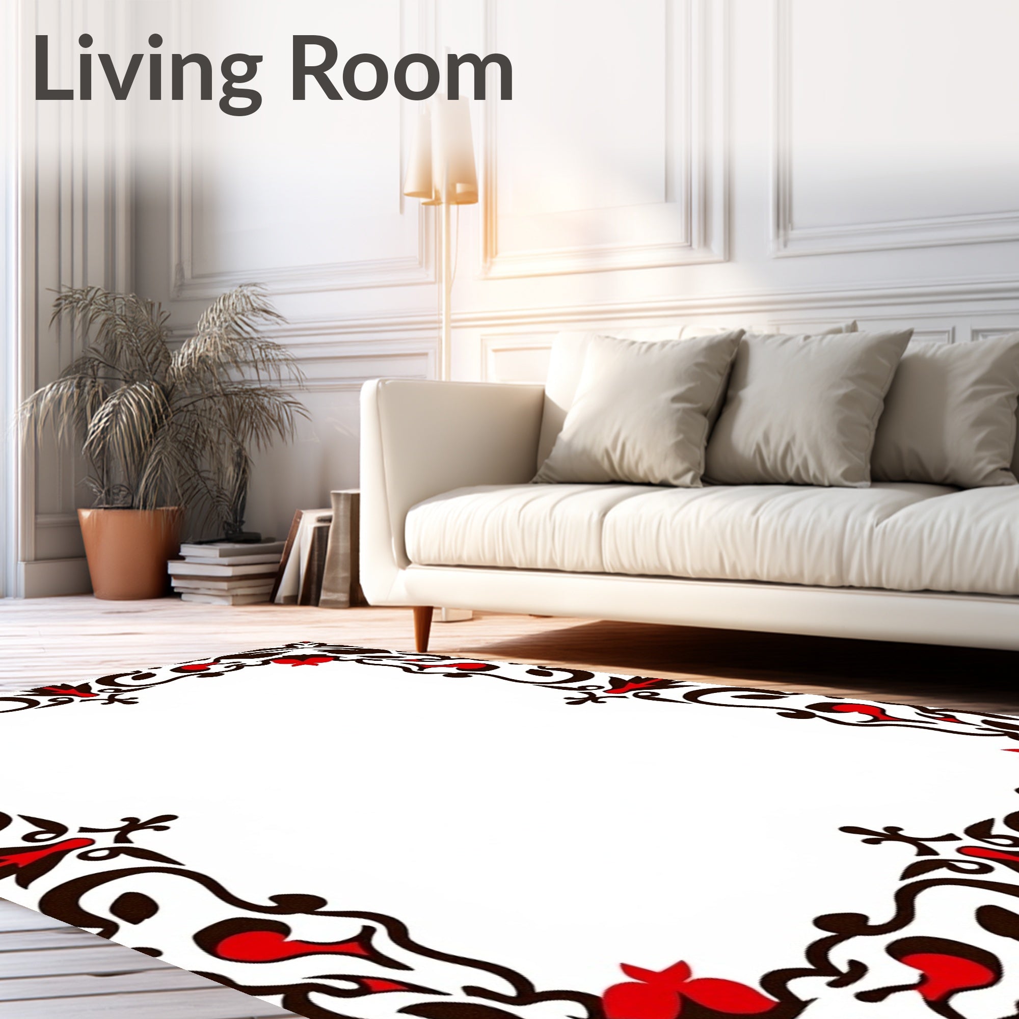 Ornate Red Floral Scroll Border Rug