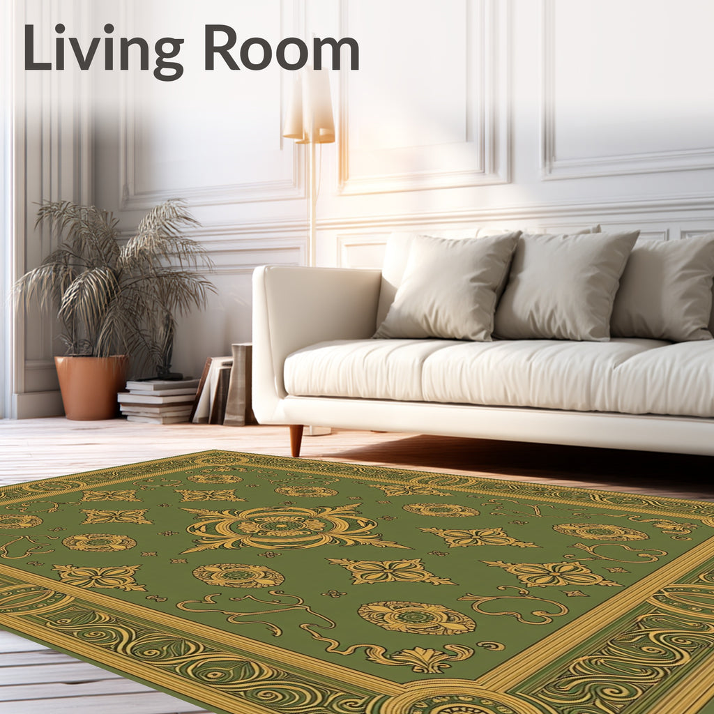 Ornate Green Gold Scrollwork Medallion Rug