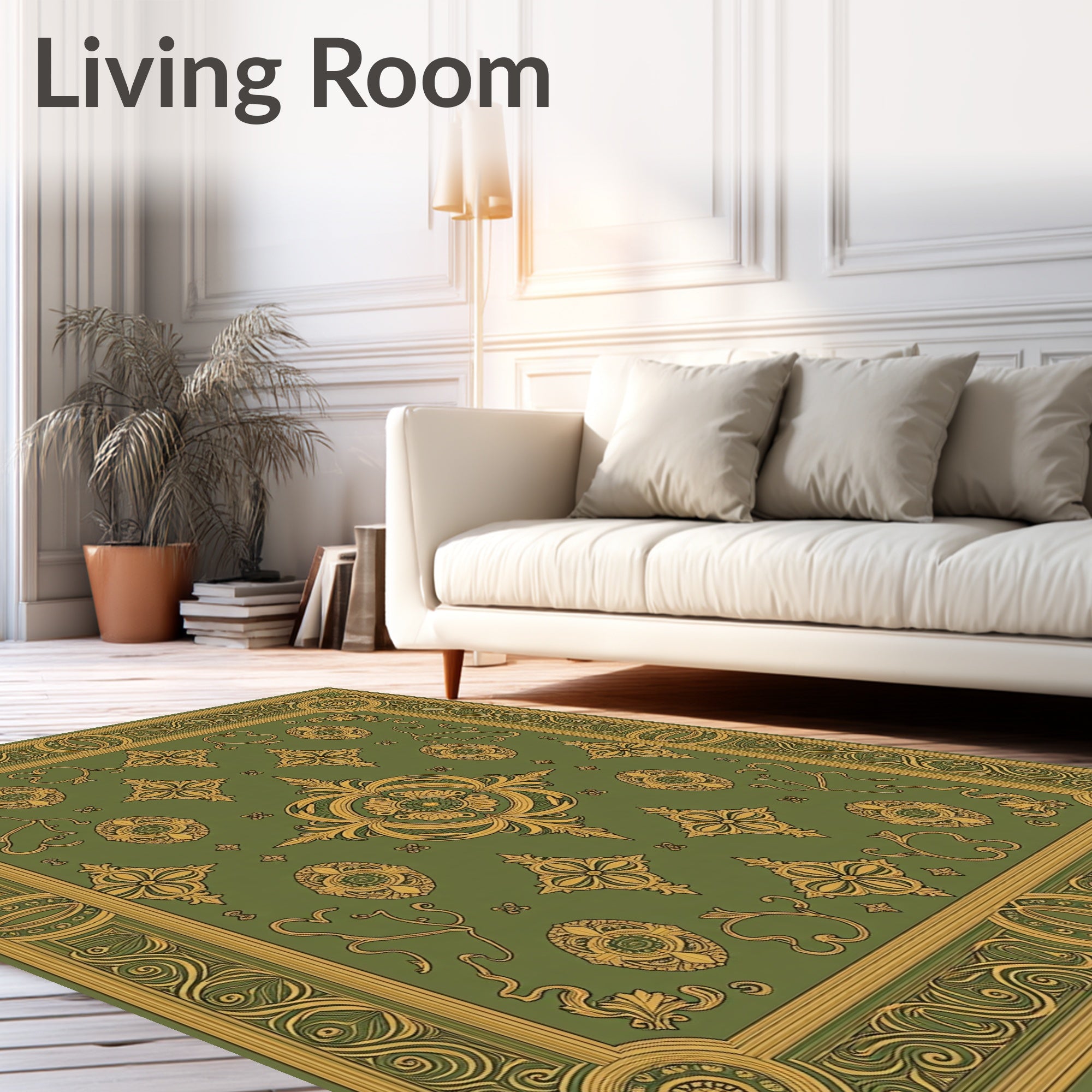 Ornate Green Gold Scrollwork Medallion Rug