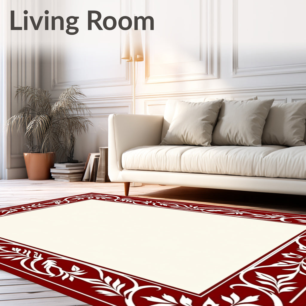 Crimson White Leaf Scroll Border Rug