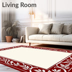 Crimson White Leaf Scroll Border Rug