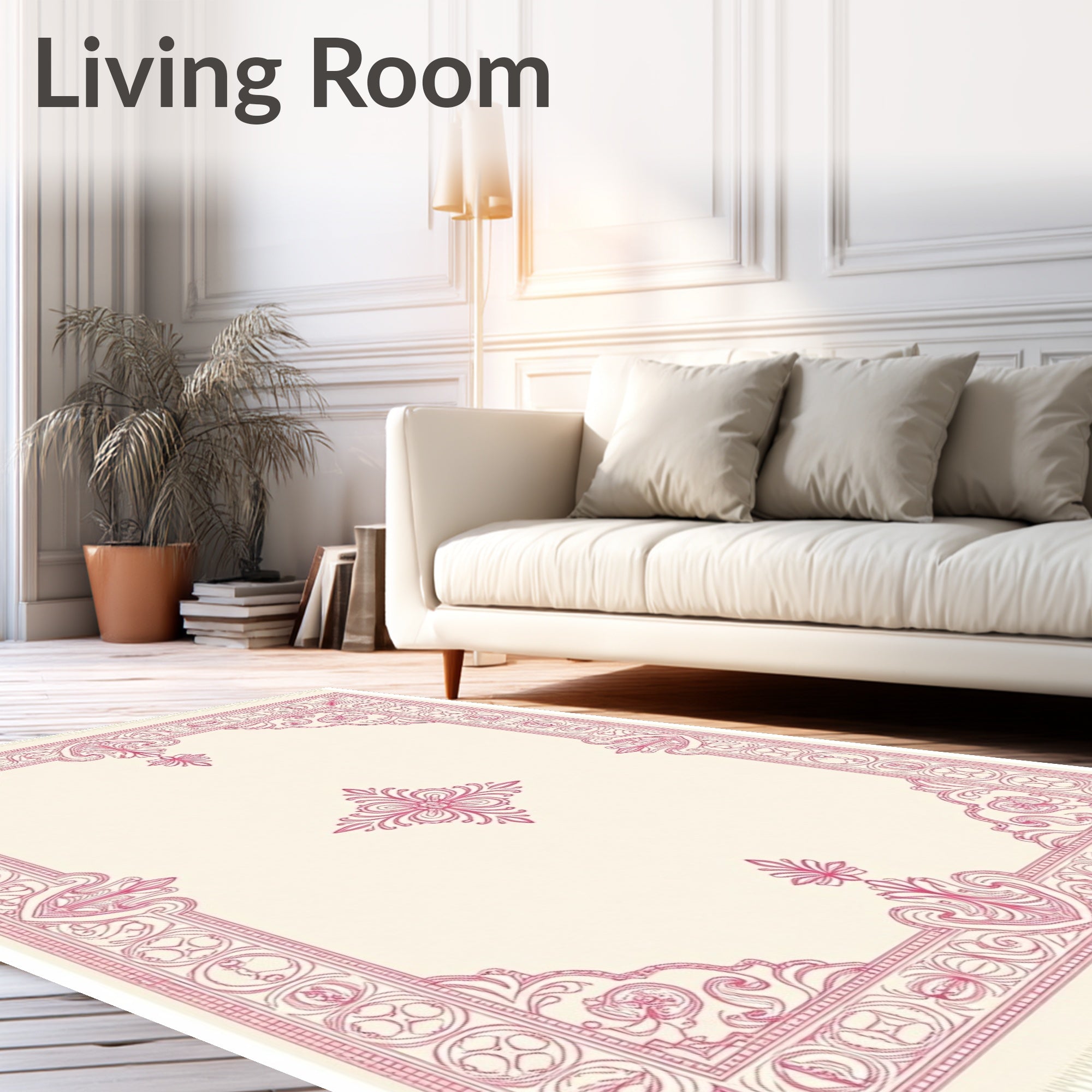 Cream Pink Ornate Scroll Medallion Rug