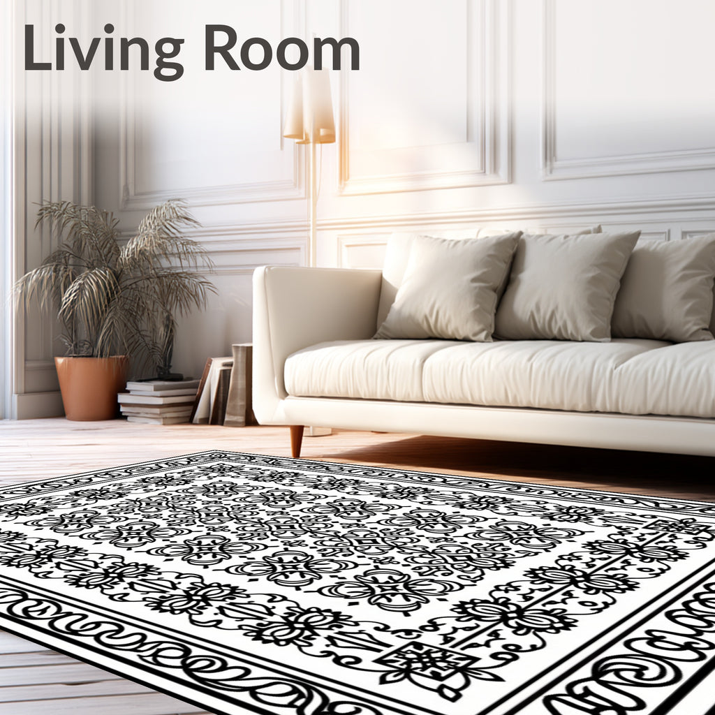 Intricate Black White Scrollwork Medallion Rug